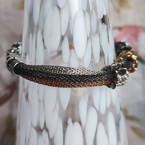 Multi Tri Colored Metal Mesh Tube Rhinestone Bracelet Gold Silver Tone Gunmetal - Picture 3 of 7